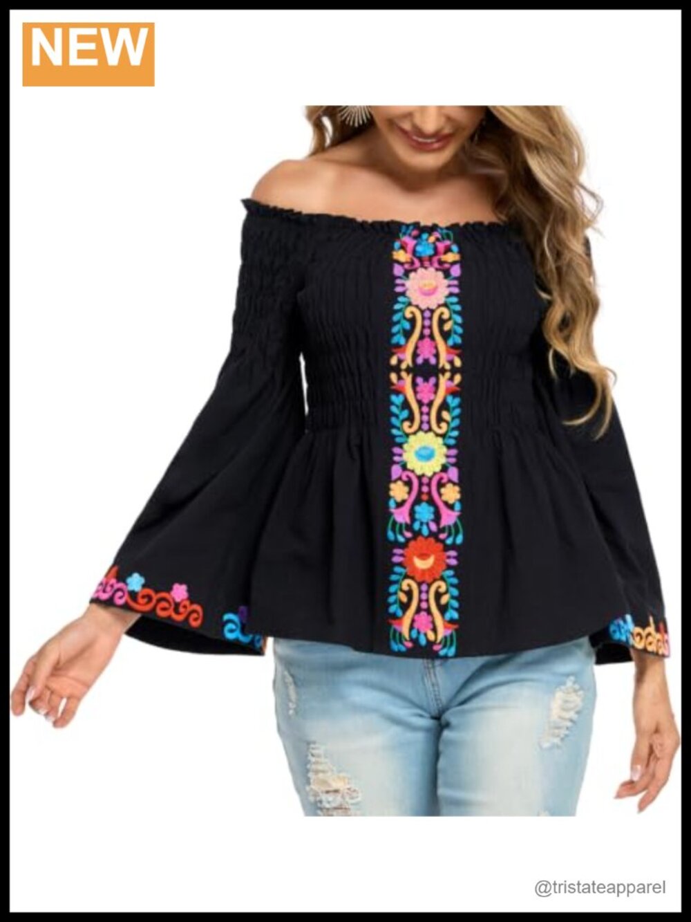 Mexican Embroidered Off Shoulder Top Boho Puff Sleeve Blouse
